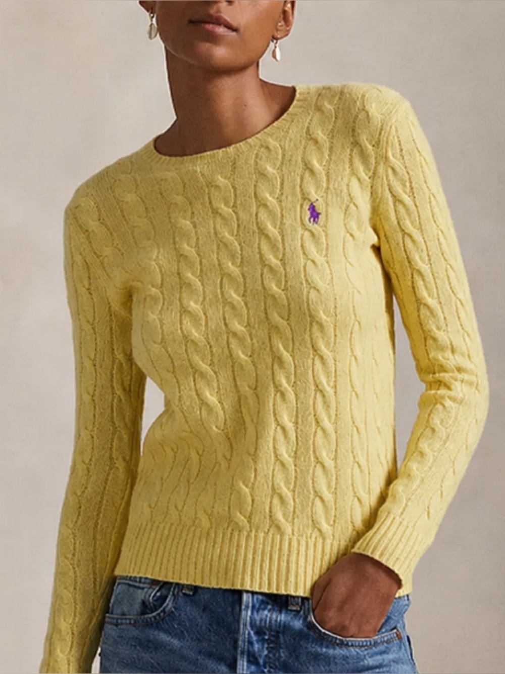 Ralph Lauren Black Label Cable-Knit Cotton Crewneck Sweater in Yellow